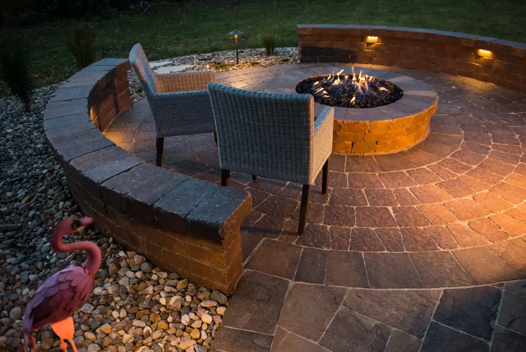 patio and fireplace at night